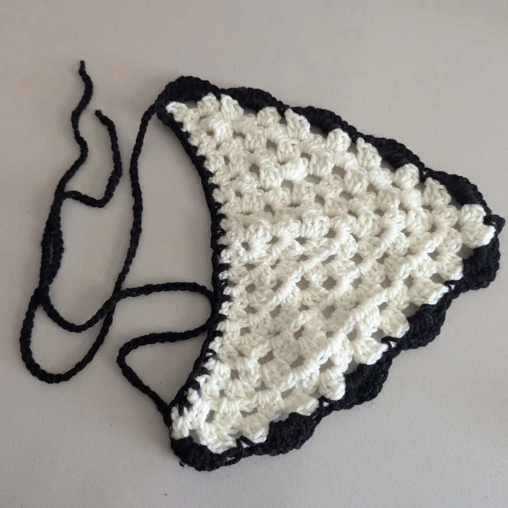 Handmade Crochet Headband Black White Boho Hair Wrap Tie Closure
